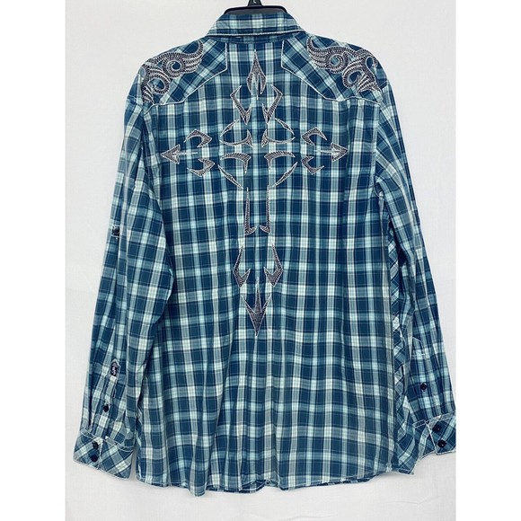 Austin Season Men's Embroidered Blue Plaid Long Sleeve Button Up Western Shirt L - Picture 8 of 14